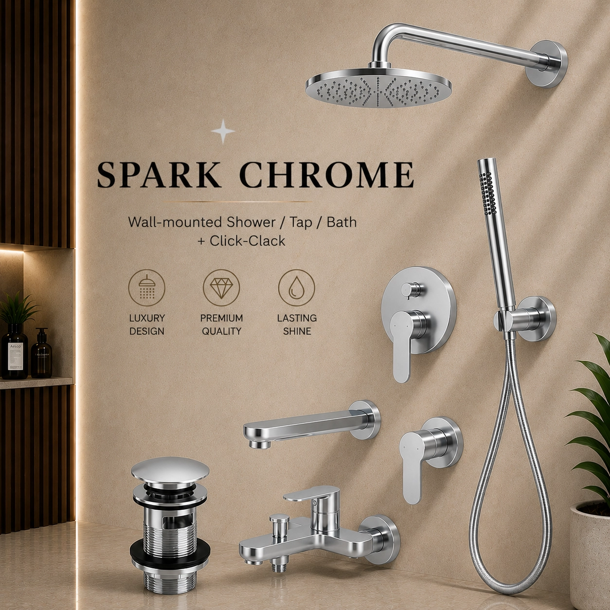 Spark Wall-mounted Chrome - Shower/Tap/Bath + Click-Clack Spark Wall-mounted Chrome - Shower/Tap/Bath + Click-Clack